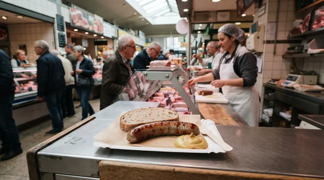 en papirtallerken fra Metzgerei Schreiber inde i Frankfurts Kleinmarkthalle, varm pølse med brød og sennep ved slagterdisken