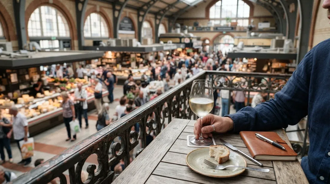 Wein-Balkon på første sal over Frankfurts Kleinmarkthalle, et glas hvidvin ved frokosttid med udsigt ned over markedsboderne