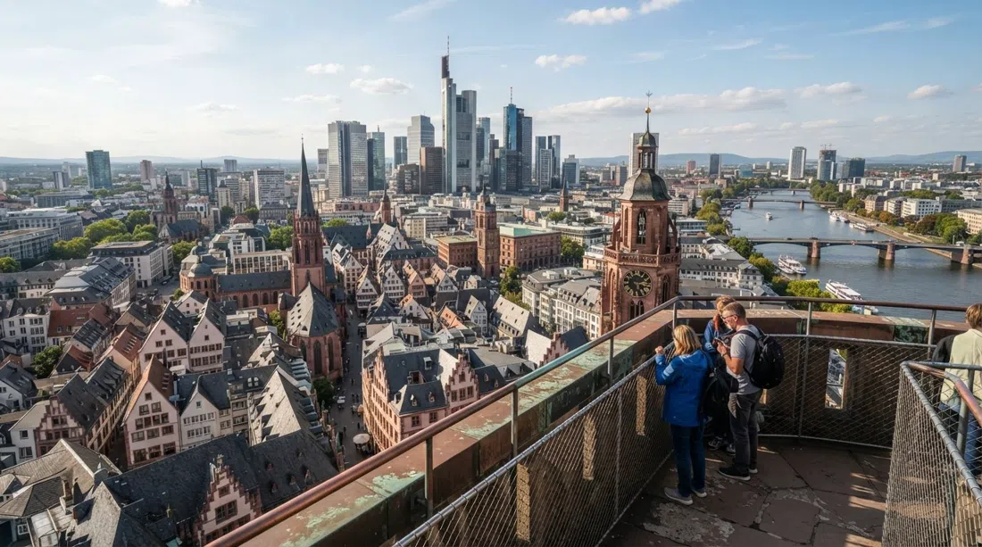udsigten fra Frankfurts Kaiserdom-tårn over Altstadts tage mod skyline og Museumsufer i klart eftermiddagslys