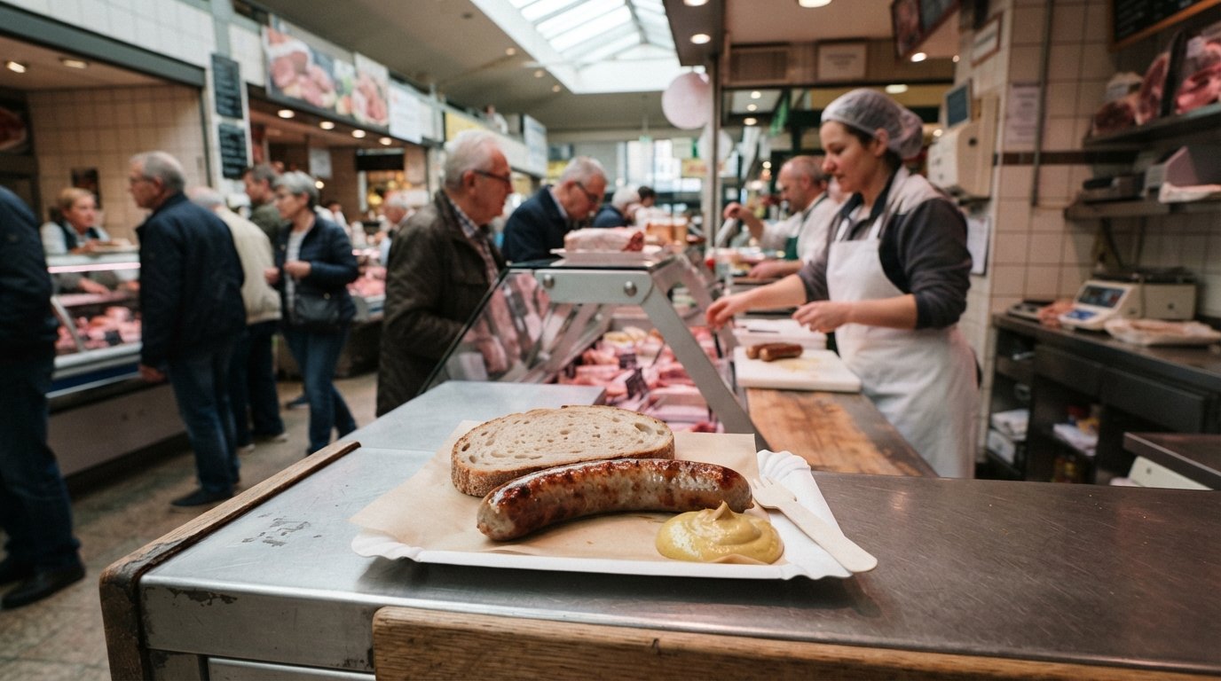 a paper plate from Metzgerei Schreiber inside Frankfurt’s Kleinmarkthalle, hot sausage with bread and mustard at the butcher’s counter