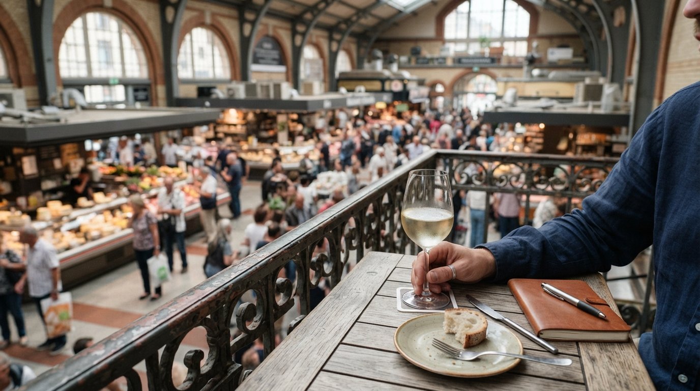 the first-floor Wein-Balkon above Frankfurt’s Kleinmarkthalle, a lunchtime glass of white wine looking down over the market stalls