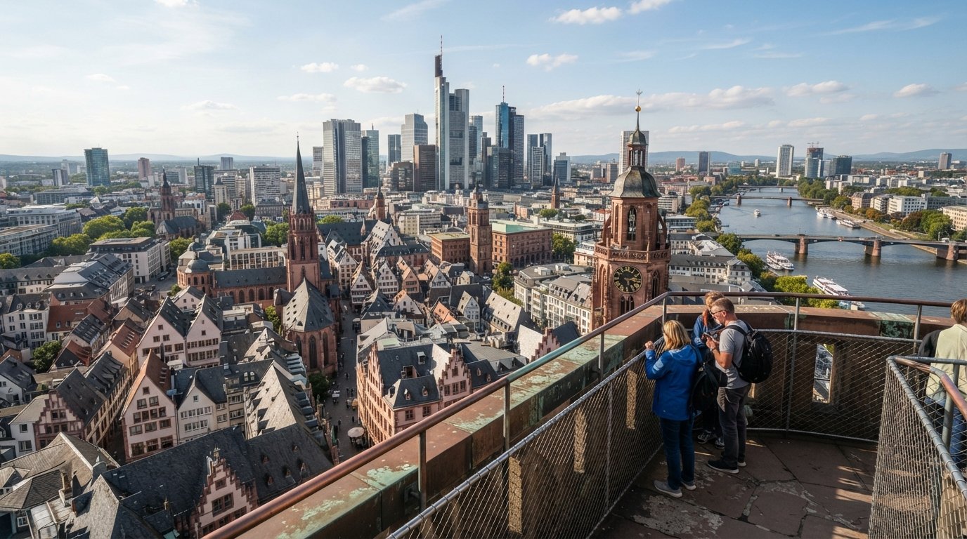 the view from Frankfurt’s Kaiserdom tower over Altstadt rooftops toward the skyline and Museumsufer in clear afternoon light