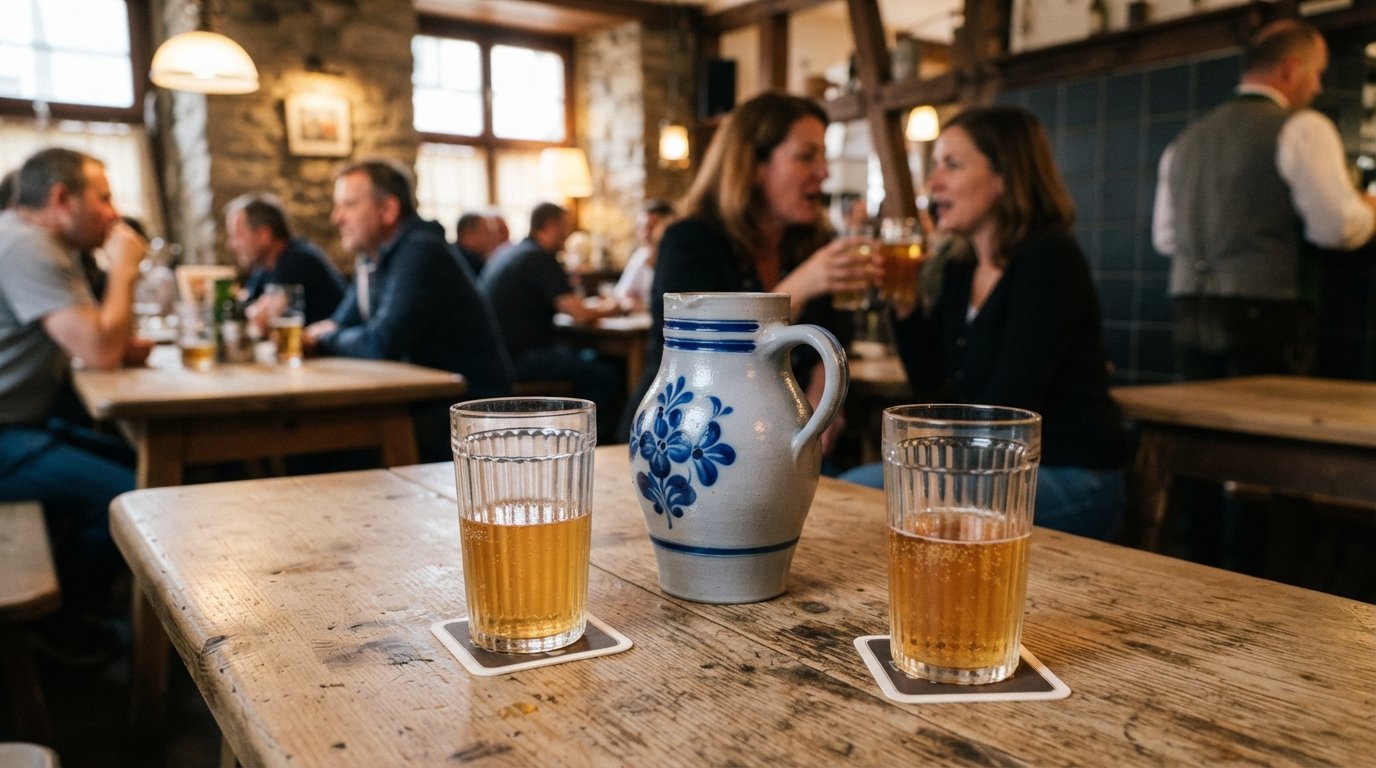 a grey-and-blue Bembel jug and ribbed Geripptes glasses on a scrubbed wooden tavern table in Sachsenhausen-Süd, with cloudy Apfelwein catching warm indoor light