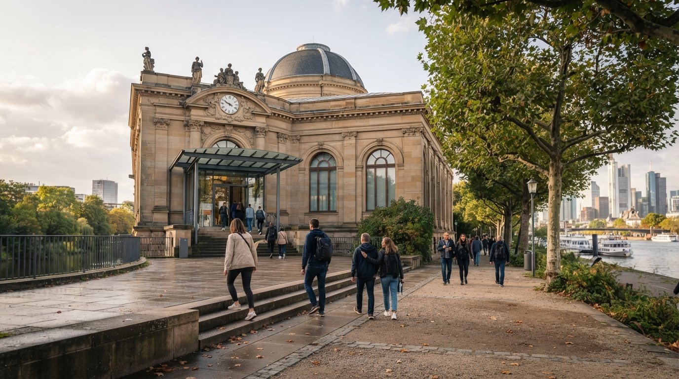 the Städel Museum façade on Schaumainkai in soft afternoon light, visitors entering along the riverbank promenade