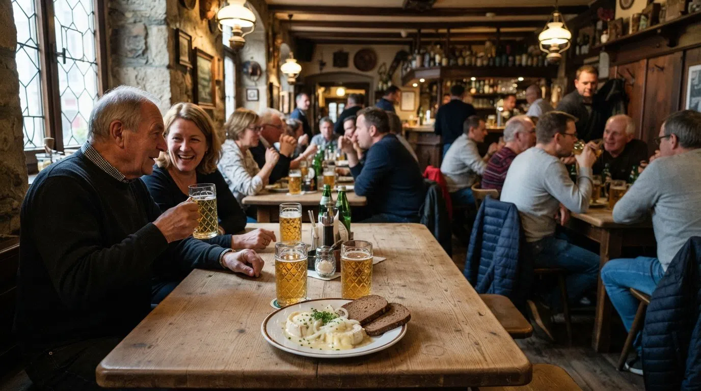 ヴァル通りのフィヒテクレンツィの素朴な食堂。混み合った木のテーブル、古い居酒屋のランプ、シードルのグラスの隣にザクセンハウザー・シュネーゲシュテーバーの皿